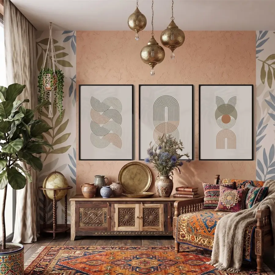 Toprak Tonlu Kavisli Desenler 3lü Siyah Çerçeveli Tablo Seti Salon Duvar Tablo Poster Tablo