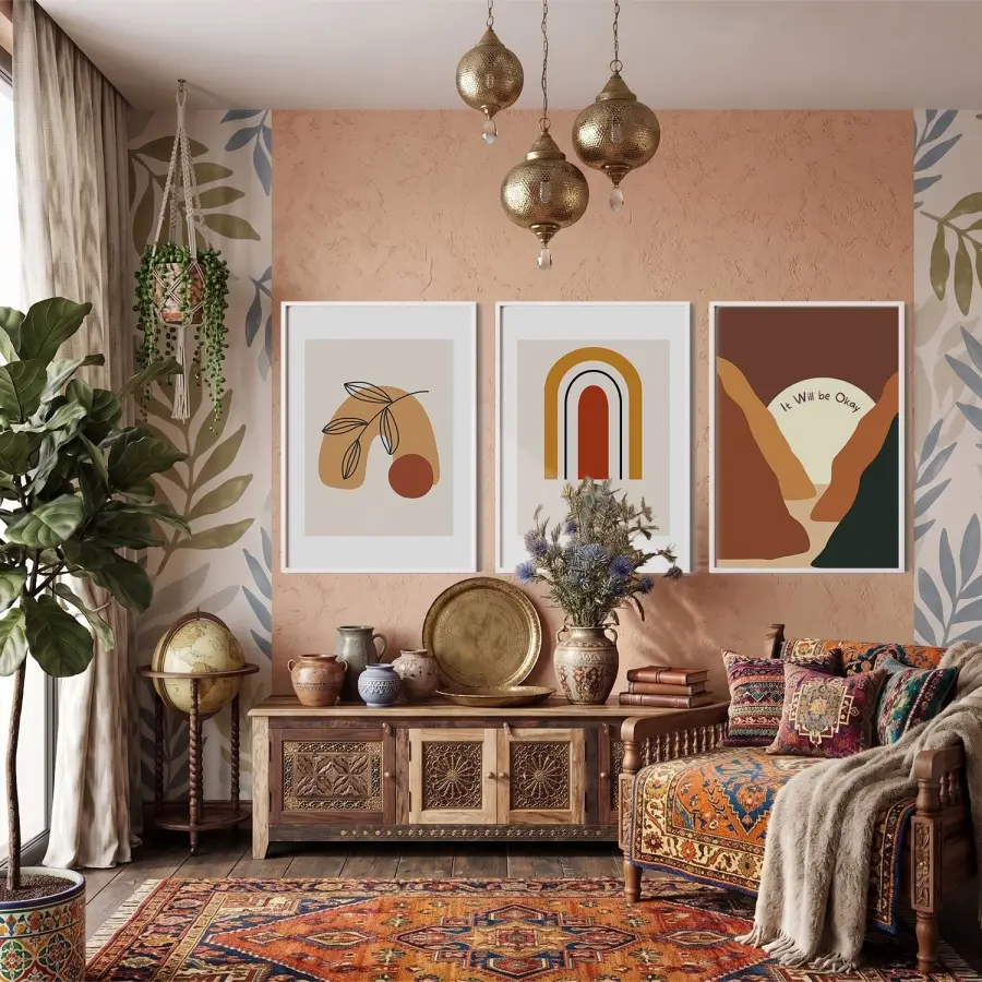Bohem Toprak Tonları Sanat 3lü Beyaz Çerçeveli Tablo Seti Bohem Tablo Poster Tablo Duvar Tablo Ev