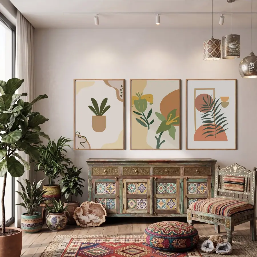Minimalist Botanik Koleksiyonu 3lü Ahşap Çerçeveli Tablo Seti Bohem Tablo Tablo Çerçeve Salon Duvar