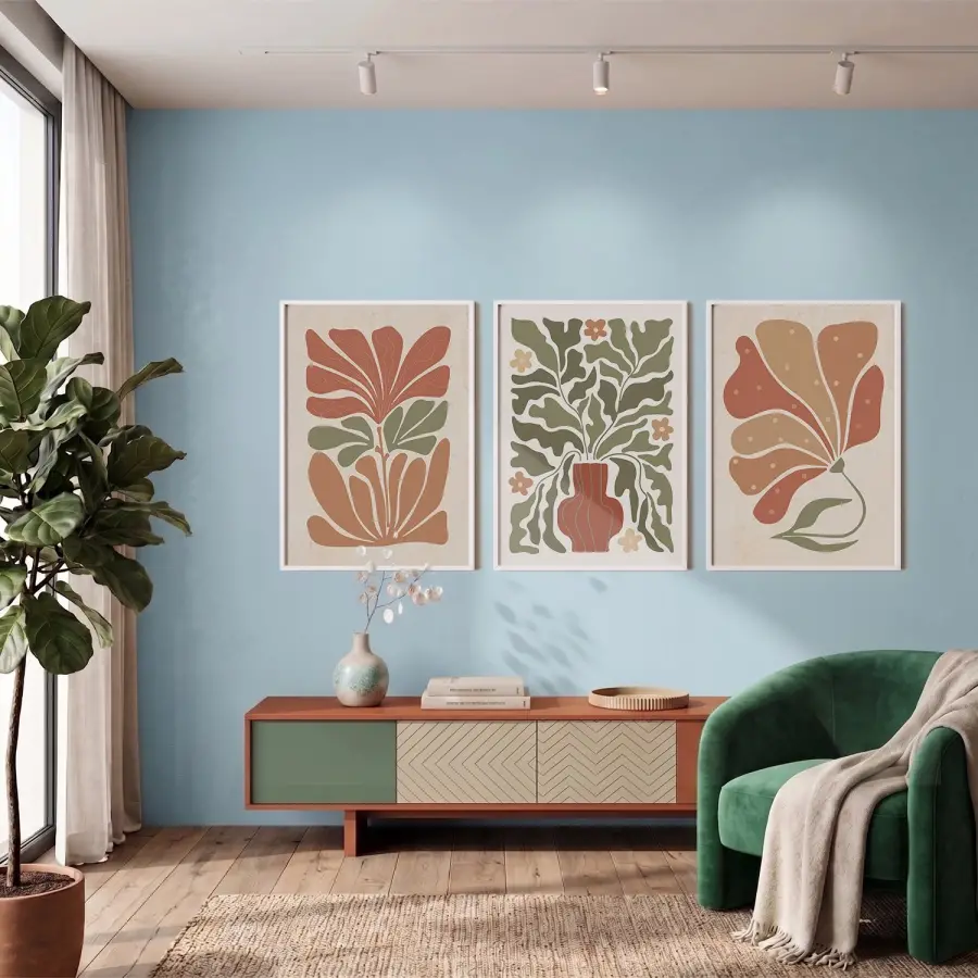 Toprak Tonları Botanik Sanatı 3lü Beyaz Çerçeveli Tablo Seti Bohem Tablo Salon Duvar Tablo Poster