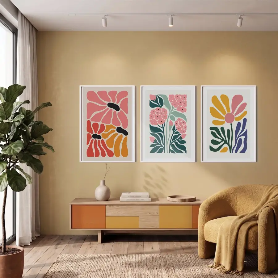 Modern Pastel Çiçek Demeti 3lü Beyaz Çerçeveli Tablo Seti Bohem Tablo Salon Duvar Tablo Poster