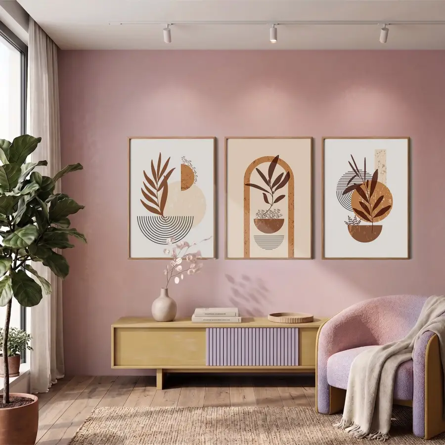 Boho Toprak Tonları Bitkisel Sanat 3lü Ahşap Çerçeveli Tablo Seti Bohem Tablo Poster Tablo Resim