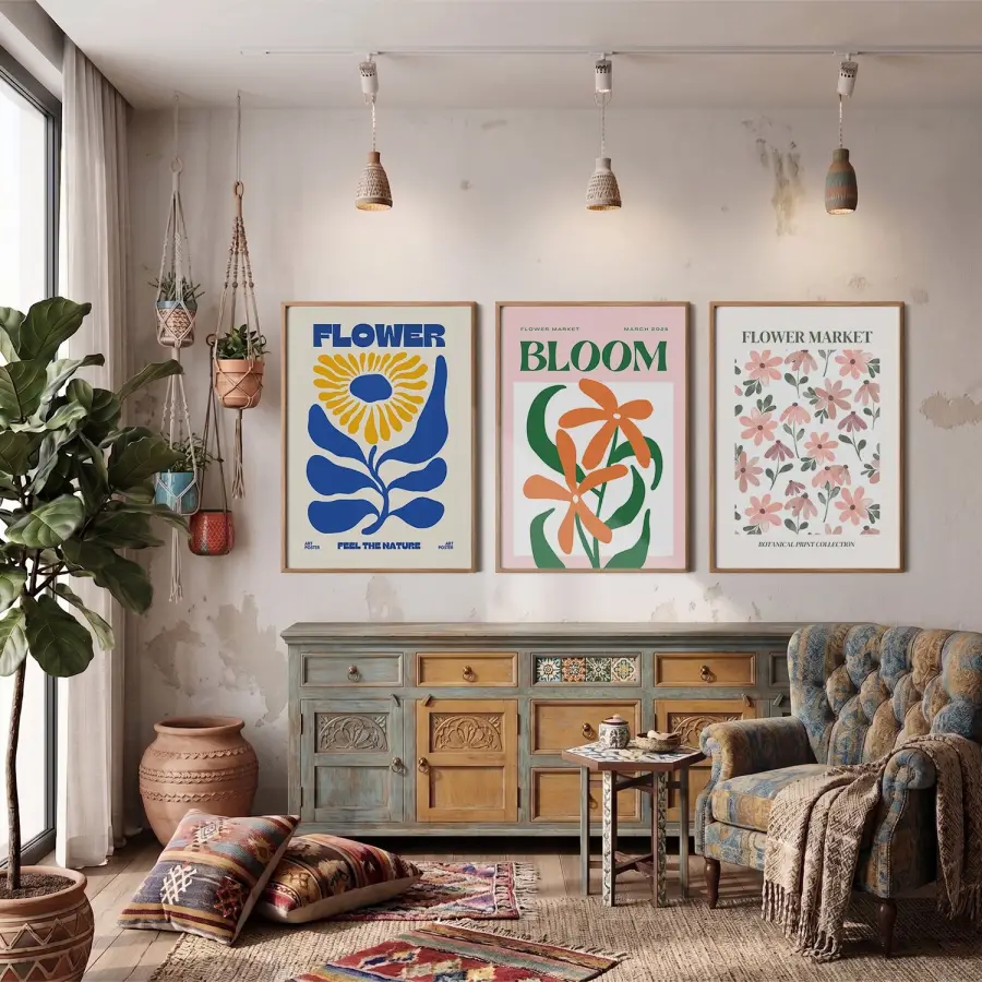 Modern Botanik Poster Üçlüsü 3lü Ahşap Çerçeveli Tablo Seti Bohem Tablo Salon Duvar Tablo Poster