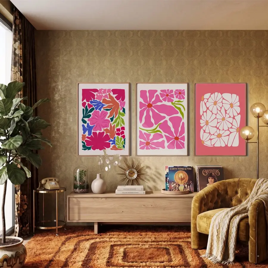 Canlı Pembe Floral Kompozisyon 3lü Ahşap Çerçeveli Tablo Seti Bohem Tablo Poster Tablo Duvar Tablo