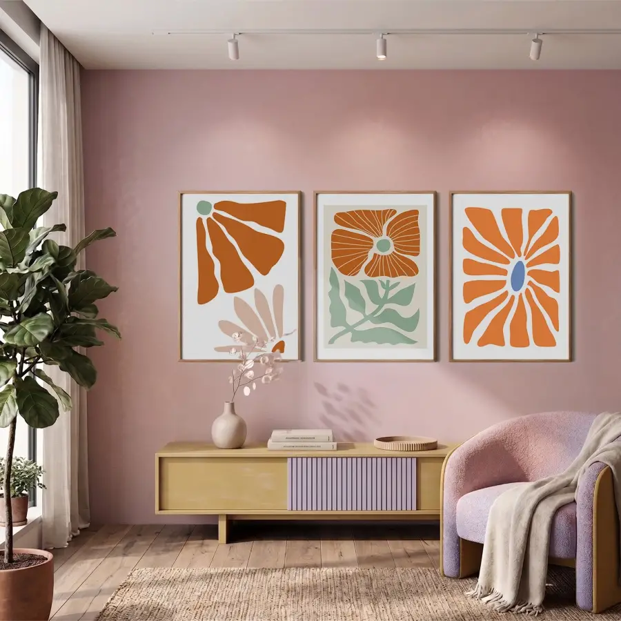 Terracotta Botanik Soyut 3lü Ahşap Çerçeveli Tablo Seti Bohem Tablo Poster Tablo Resim Çerçevesi