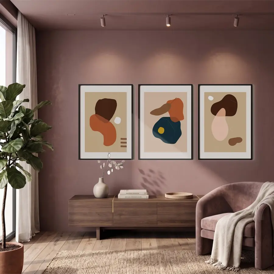 Toprak Tonları Organik Soyutlar 3lü Siyah Çerçeveli Tablo Seti Resim Çerçevesi Tablo Salon