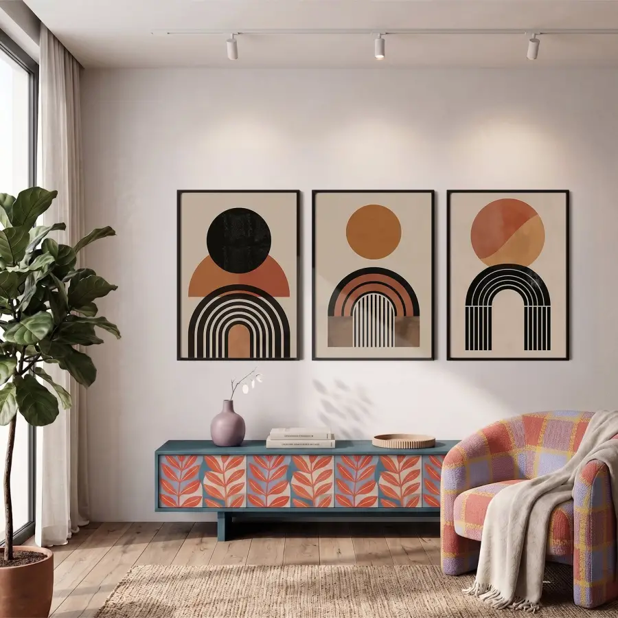 Toprak Tonları Geometrik Hilal Seti 3lü Siyah Çerçeveli Tablo Seti Poster Tablo Duvar Tablo Ev