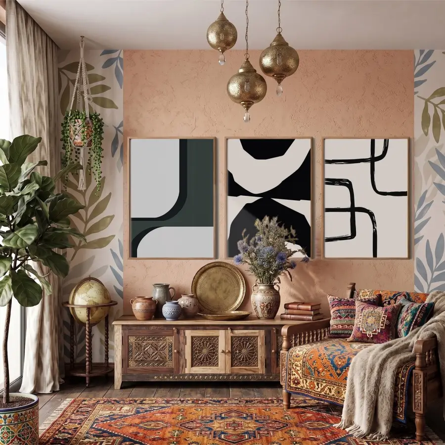 Modern Füme Soyut Kompozisyon 3lü Ahşap Çerçeveli Tablo Seti Salon Duvar Tablo Poster Tablo