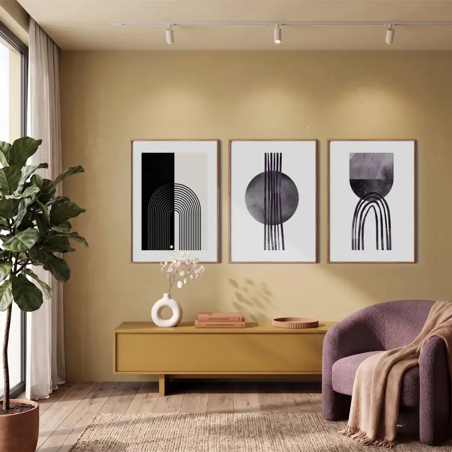 Minimalist Geometrik Formlar 3lü Ahşap Çerçeveli Tablo Seti Resim Çerçevesi Tablo Salon