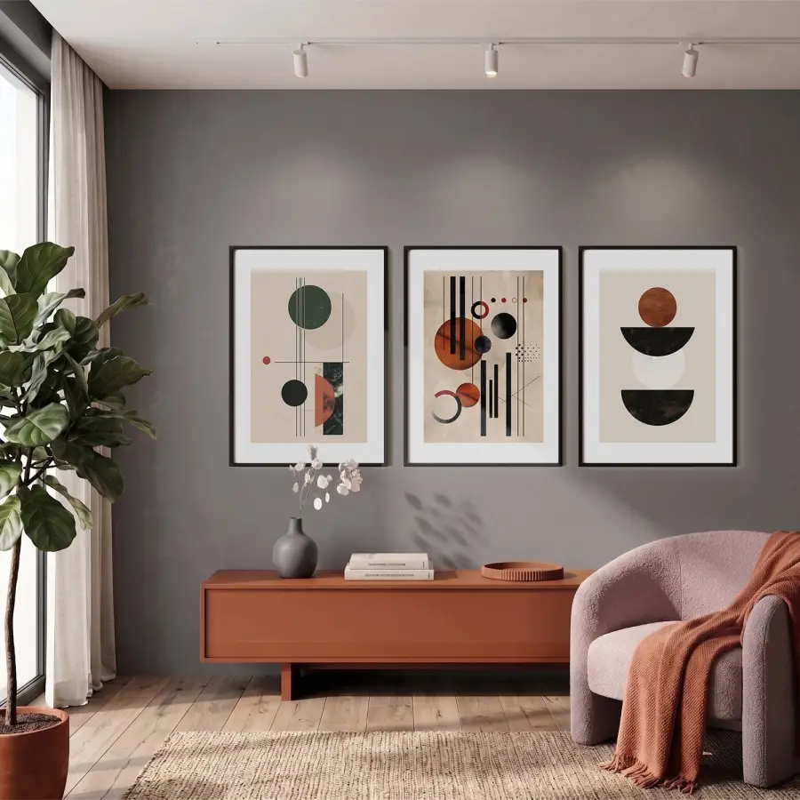 Terracotta Yeşil Geometrik Denge 3lü Siyah Çerçeveli Tablo Seti Poster Tablo Resim Çerçevesi