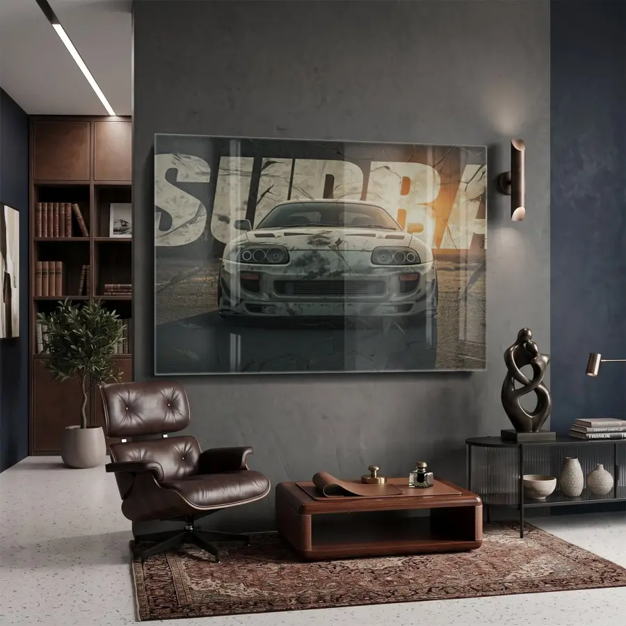 Supra Araba Kentsel Gri Tonlar Tekli Cam Tablo Salon Oturma Odası Duvar Dekoru