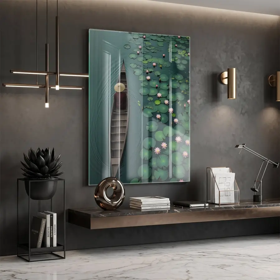 Tekne Nilüfer Su Yeşili Tonları Tekli Cam Tablo Duvar Salon Aksesuarları