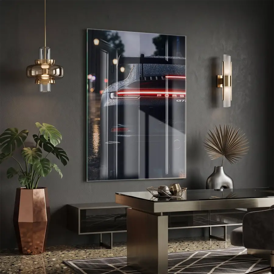 Spor Araba Koyu Gece Kırmızı Tekli Cam Tablo Poster Dekoratif Obje