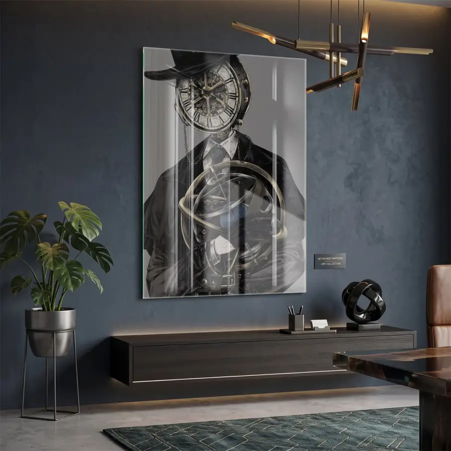 Steampunk Zaman Antik Bronz Tonlar Tekli Cam Tablo Salon Oturma Odası Duvar Dekoru