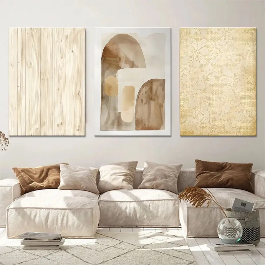 Krem Geometrik Desenli Üçlü Kanvas Tablo Seti