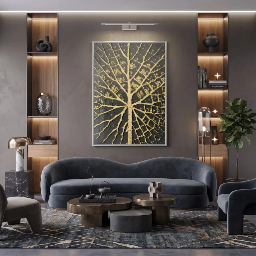 Yaprak Damarı Altın Siyah Tonları Tekli Gümüş Metal Çerçeveli Cam Tablo Duvar Salon