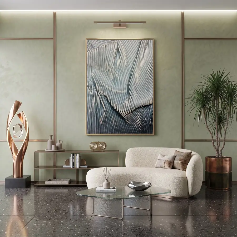 Soyut Dokular Buz Mavisi Tonlar Tekli Gold Metal Çerçeveli Cam Tablo Poster Dekoratif