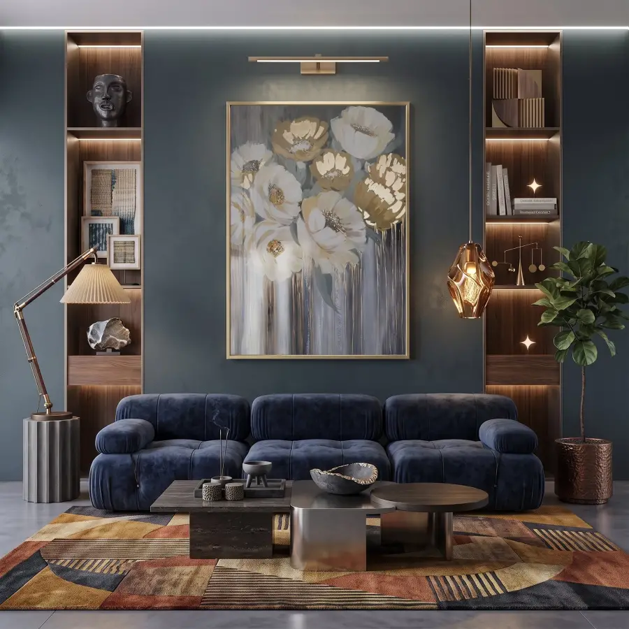 Soyut Çiçek Altın Bej Tonları Tekli Gold Metal Çerçeveli Cam Tablo Duvar Salon