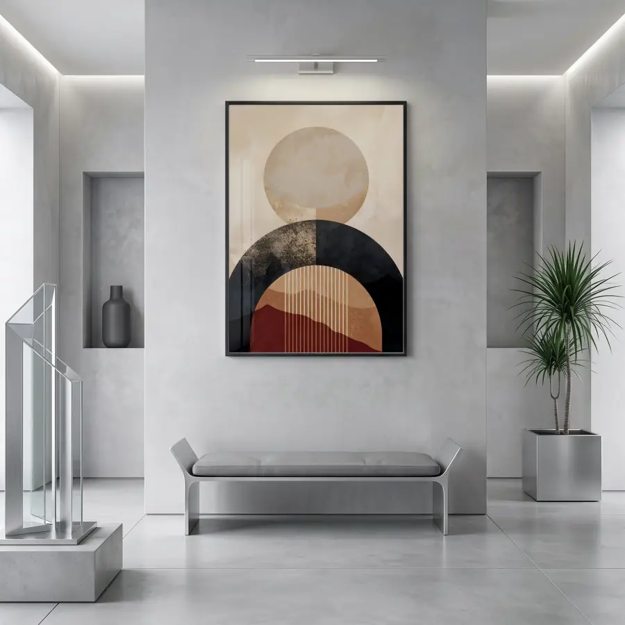 Geometrik Soyutlama Toprak Tonları Ve Tekli Siyah Metal Çerçeveli Cam Tablo Duvar Salon