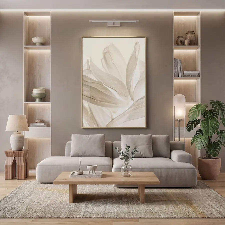 Eterik Yapraklar Uçuk Bej Tonları Tekli Gold Metal Çerçeveli Cam Tablo Poster Dekoratif
