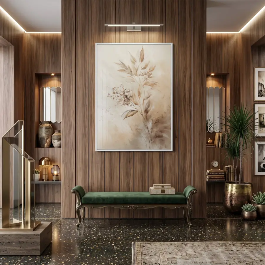 Bitki Desen Sıcak Bej Tonları Tekli Beyaz Metal Çerçeveli Cam Tablo Salon Oturma