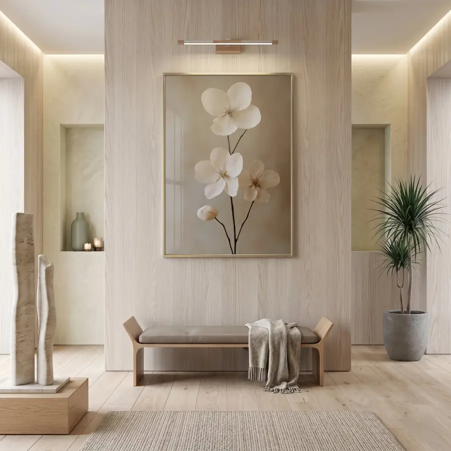 Çiçek Dalı Doğal Nude Tonlar Tekli Gold Metal Çerçeveli Cam Tablo Duvar Salon