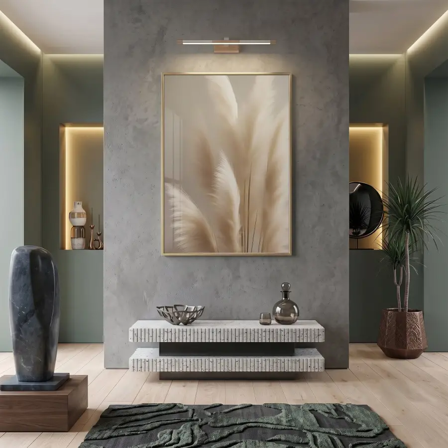 Pampas Otu Bej Tonları Tekli Gold Metal Çerçeveli Cam Tablo Salon Oturma Odası