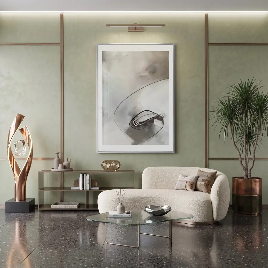 Soyut Akış Nötr Gri Tonlar Tekli Gümüş Metal Çerçeveli Cam Tablo Duvar Salon