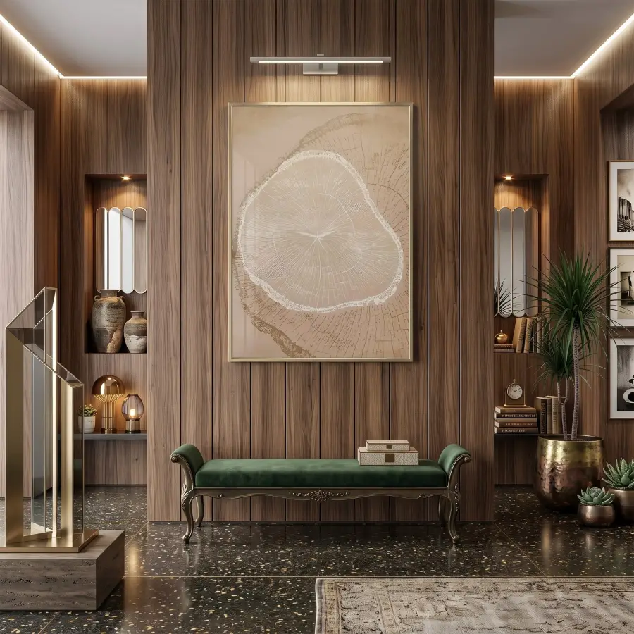 Ağaç Kesiti Sıcak Bej Tonları Tekli Gold Metal Çerçeveli Cam Tablo Salon Oturma