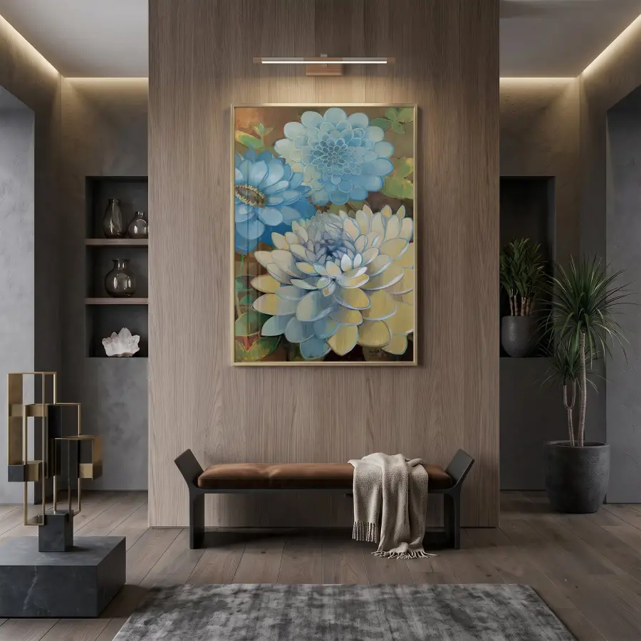 Dahlia Çiçekler Mavi Sarı Tonları Tekli Gold Metal Çerçeveli Cam Tablo Duvar Salon