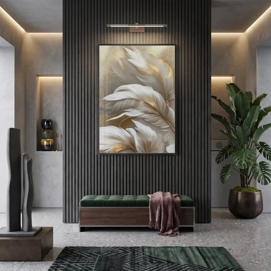 Lüks Tüy Altın Bej Tonlar Tekli Siyah Metal Çerçeveli Cam Tablo Salon Oturma