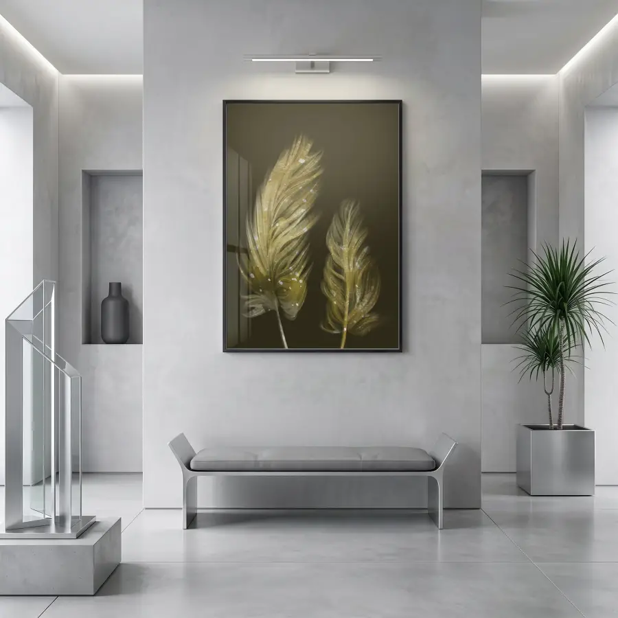Süzülen Tüyler Koyu Altın Tekli Siyah Metal Çerçeveli Cam Tablo Salon Oturma Odası