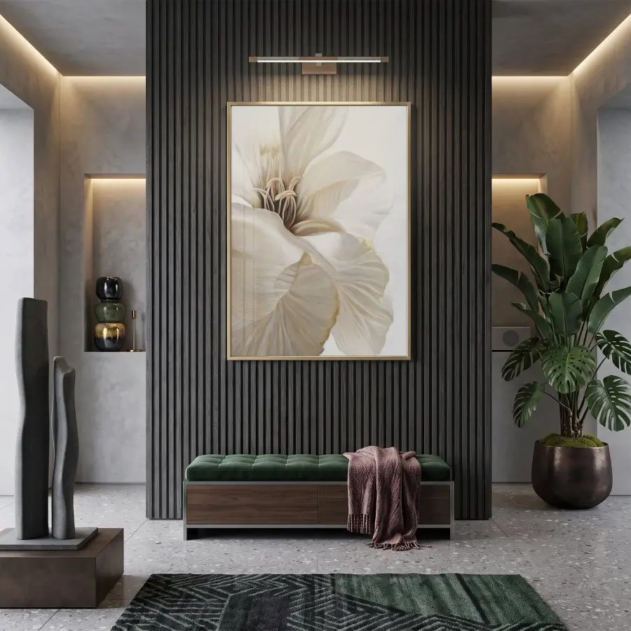 Geniş Çiçek Sıcak Krem Ton Tekli Gold Metal Çerçeveli Cam Tablo Duvar Salon