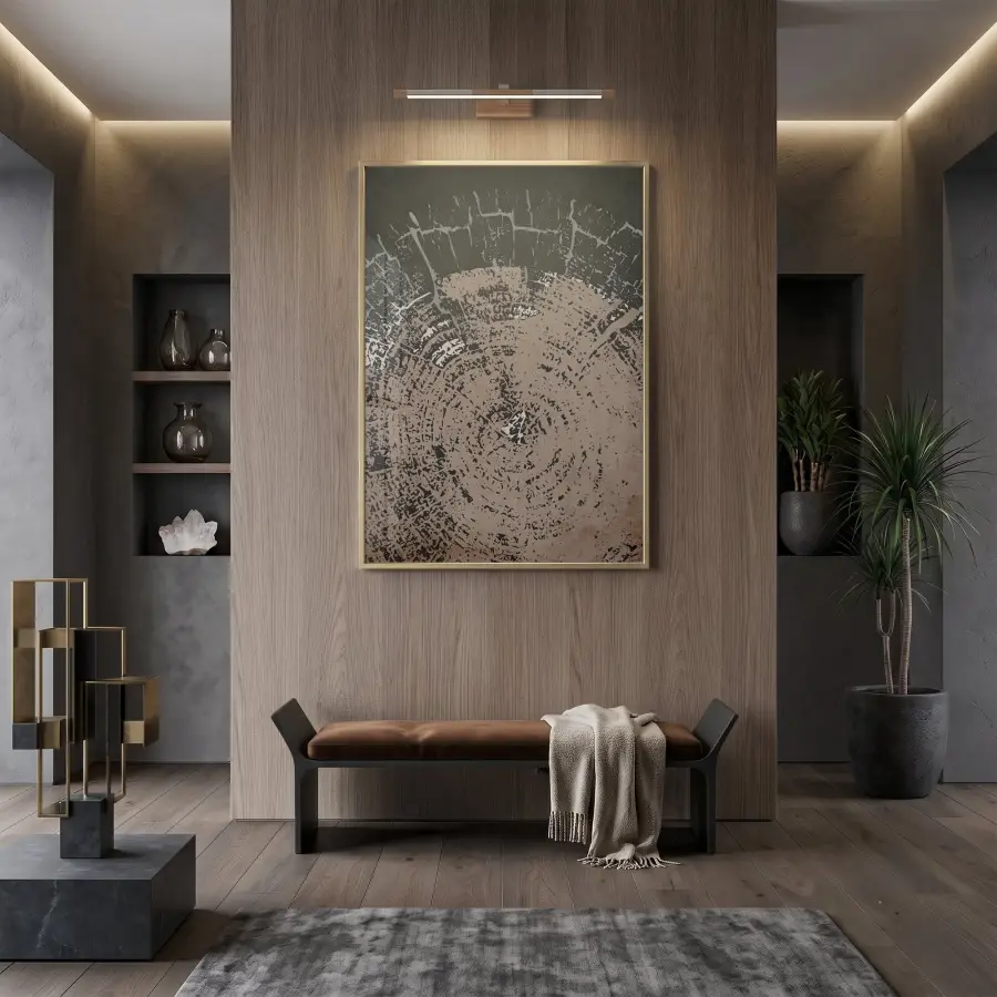 Odun Dokusu Kahve Gri Tonlar Tekli Gold Metal Çerçeveli Cam Tablo Duvar Salon