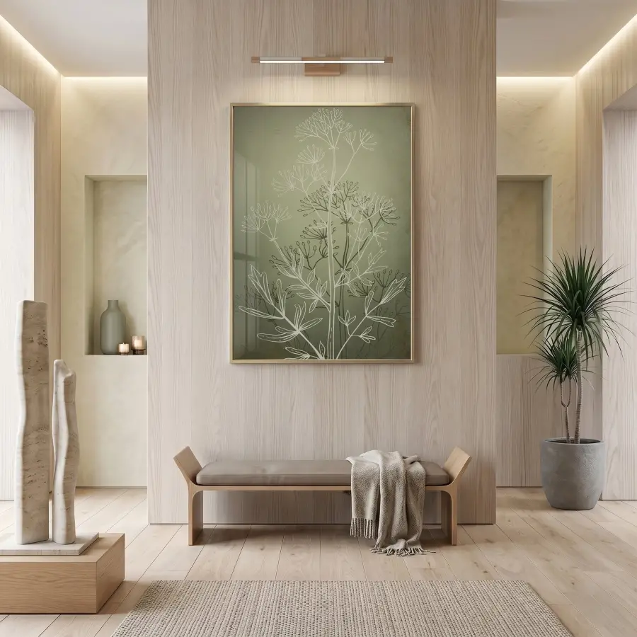 Bitkisel Desen Adaçayı Yeşili Tekli Gold Metal Çerçeveli Cam Tablo Poster Dekoratif Obje