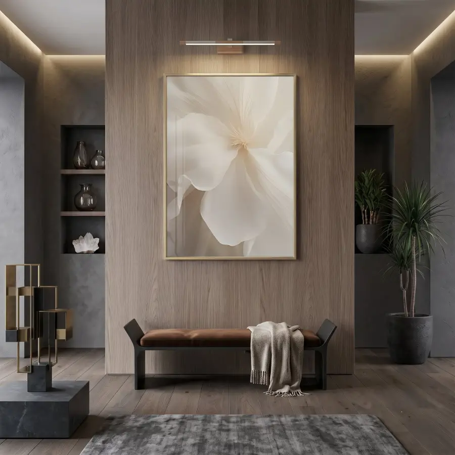 Yumuşak Çiçek Krem Bej Tonları Tekli Gold Metal Çerçeveli Cam Tablo Salon Oturma