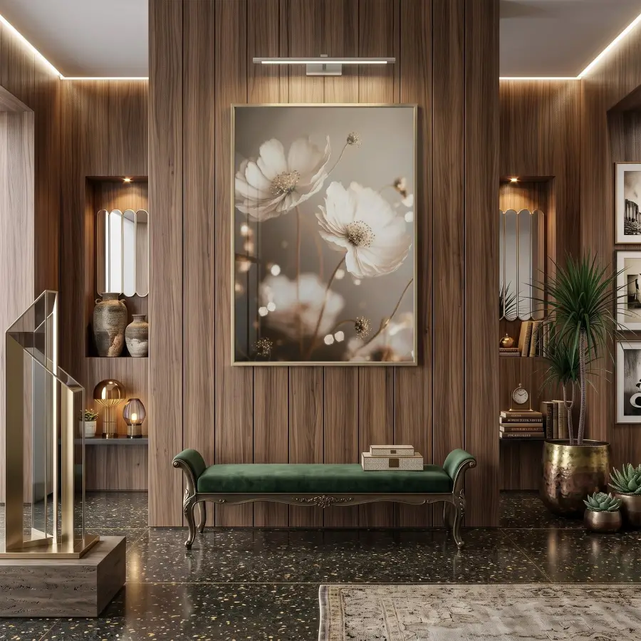 Narin Çiçekler Sıcak Nötr Tonlar Tekli Gold Metal Çerçeveli Cam Tablo Yatak Odası