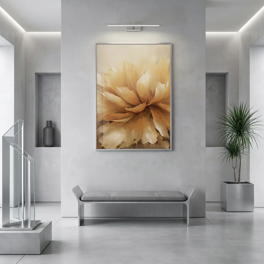 Büyük Çiçek Sıcak Altın Tonları Tekli Gümüş Metal Çerçeveli Cam Tablo Poster Dekoratif
