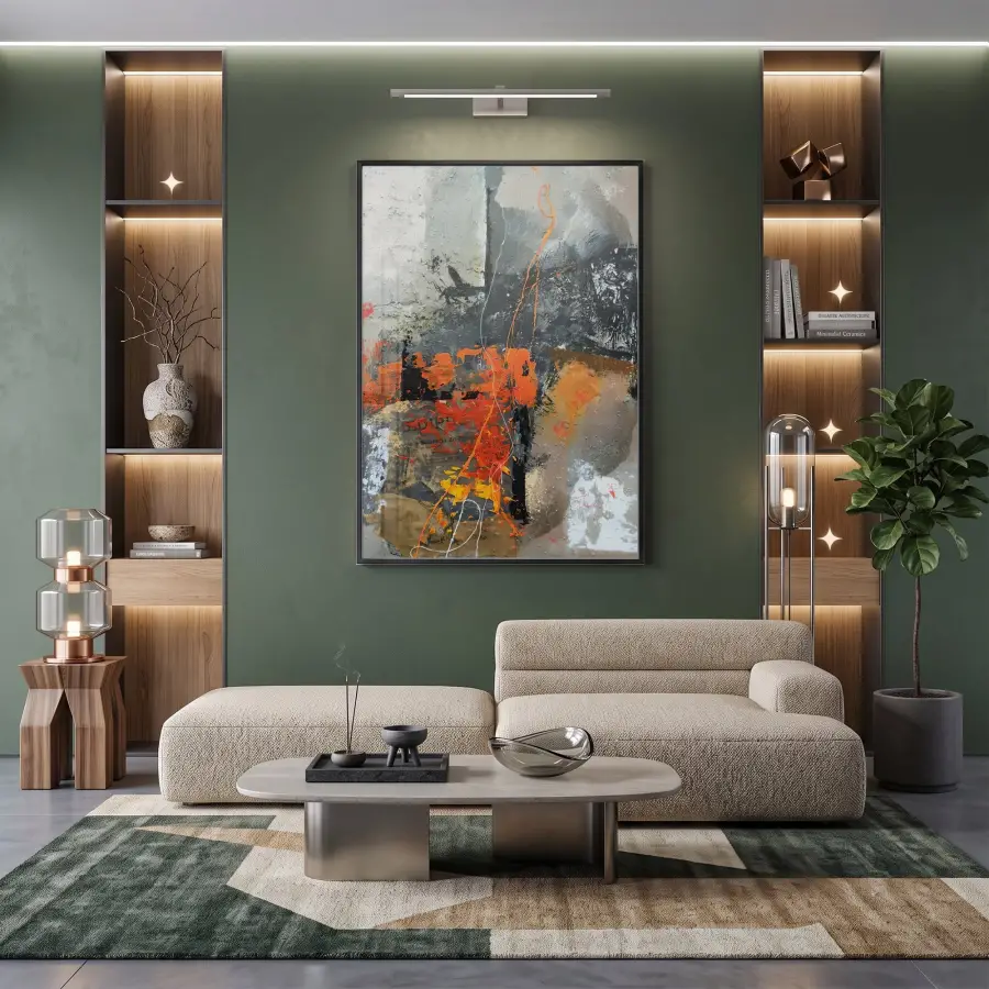 Soyut Kompozisyon Dinamik Turuncu Tonları Tekli Siyah Metal Çerçeveli Cam Tablo Poster Dekoratif