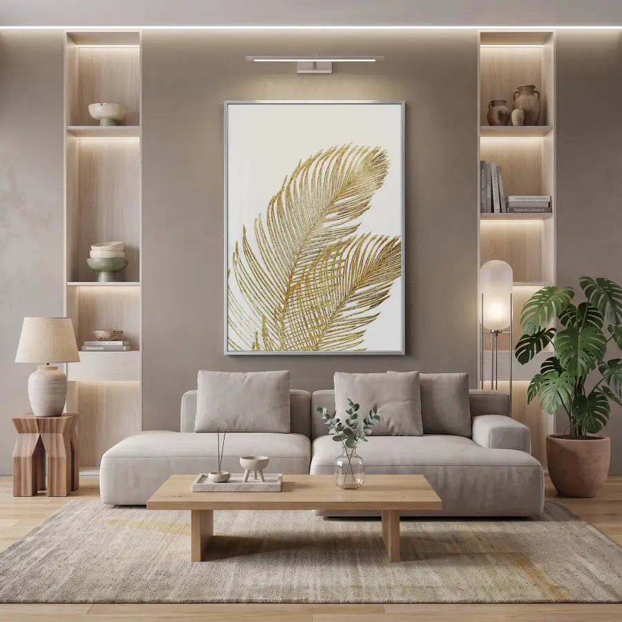 Tropikal Yaprak Sıcak Altın Tekli Gümüş Metal Çerçeveli Cam Tablo Salon Oturma Odası
