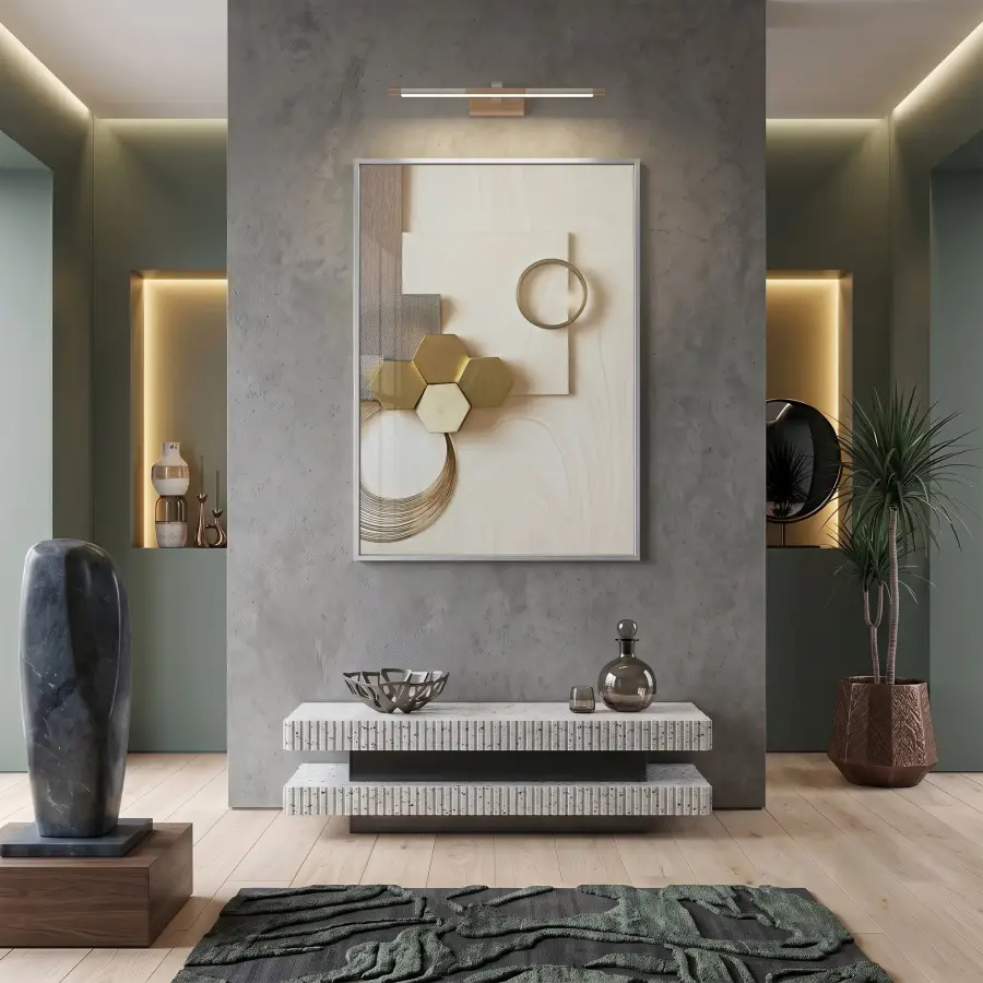 Soyut Geometrik Sıcak Bej Tonları Tekli Gümüş Metal Çerçeveli Cam Tablo Duvar Salon
