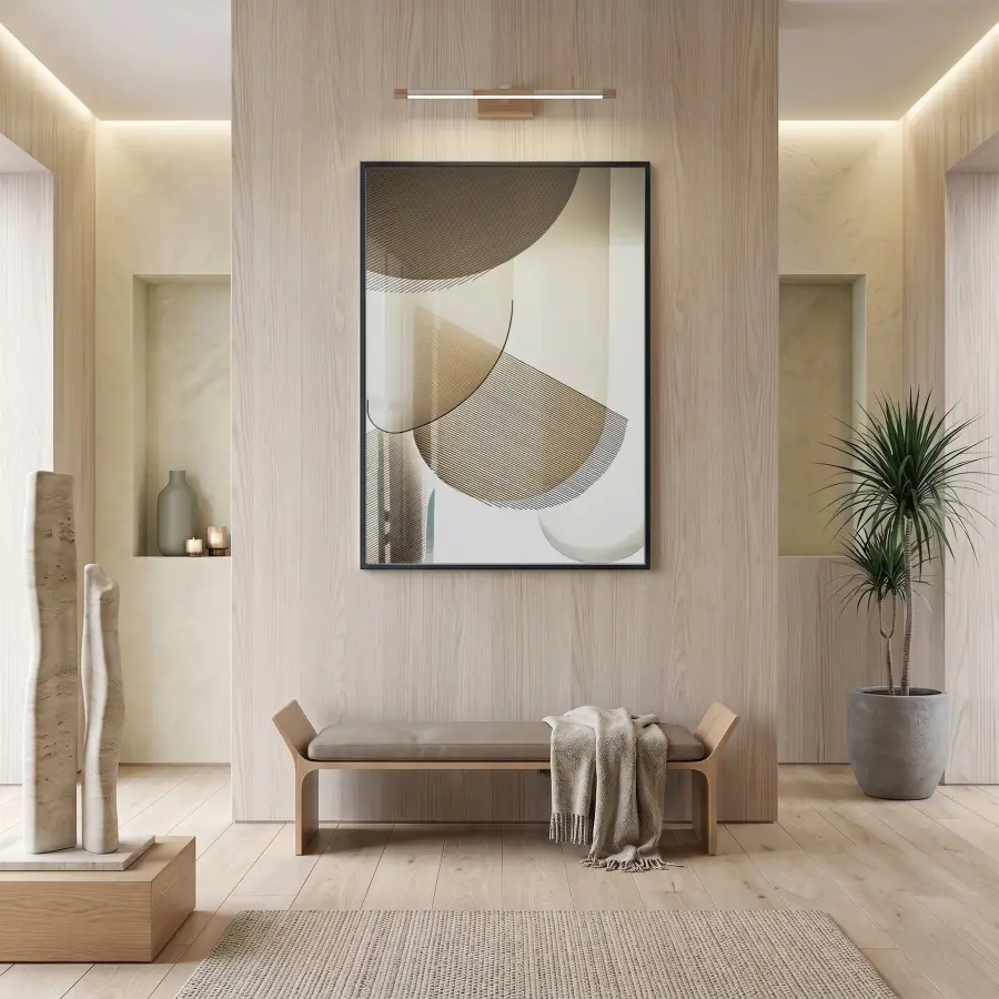 Geometrik Soyut Sıcak Bej Tonları Tekli Siyah Metal Çerçeveli Cam Tablo Salon Oturma