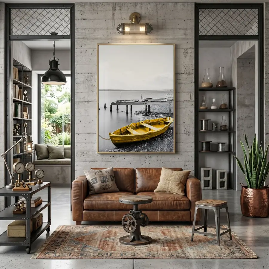 Sandal Kıyı Gri Sarı Kontrast Tekli Gold Metal Çerçeveli Cam Tablo Duvar Salon
