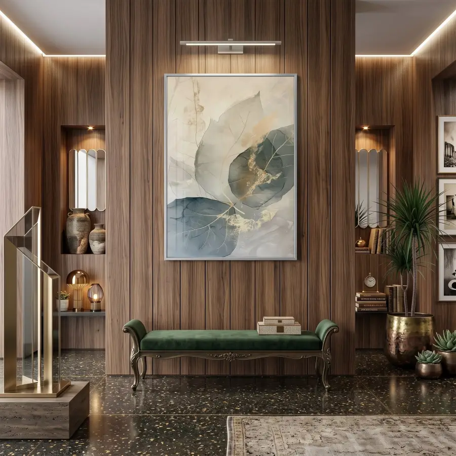 Soyut Yaprak Pastel Mavi Bej Tekli Gümüş Metal Çerçeveli Cam Tablo Duvar Salon