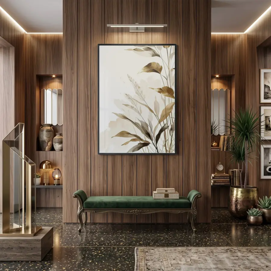 Bitkisel Motif Sıcak Bej Tonlar Tekli Siyah Metal Çerçeveli Cam Tablo Salon Oturma
