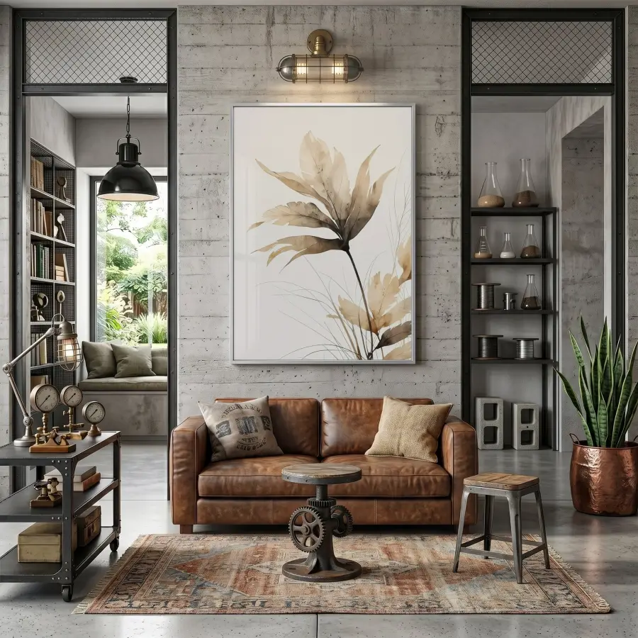 Yaprak Desen Sıcak Bej Tonları Tekli Gümüş Metal Çerçeveli Cam Tablo Poster Dekoratif