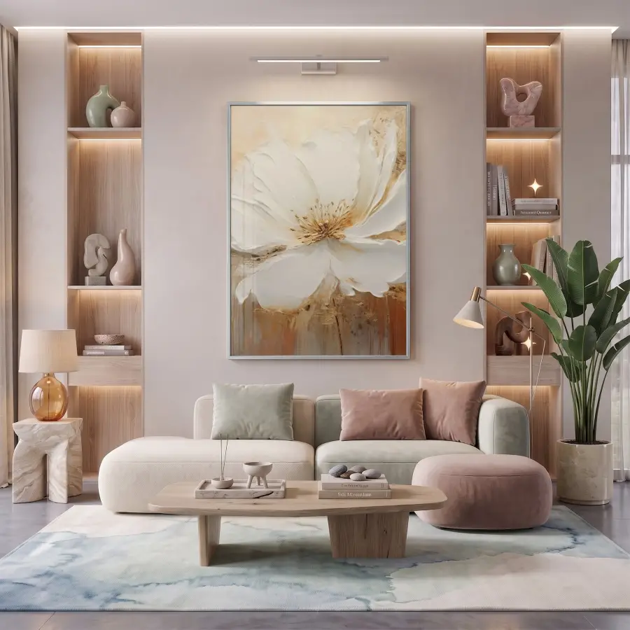 Yumuşak Çiçek Krem Altın Tonları Tekli Gümüş Metal Çerçeveli Cam Tablo Salon Oturma