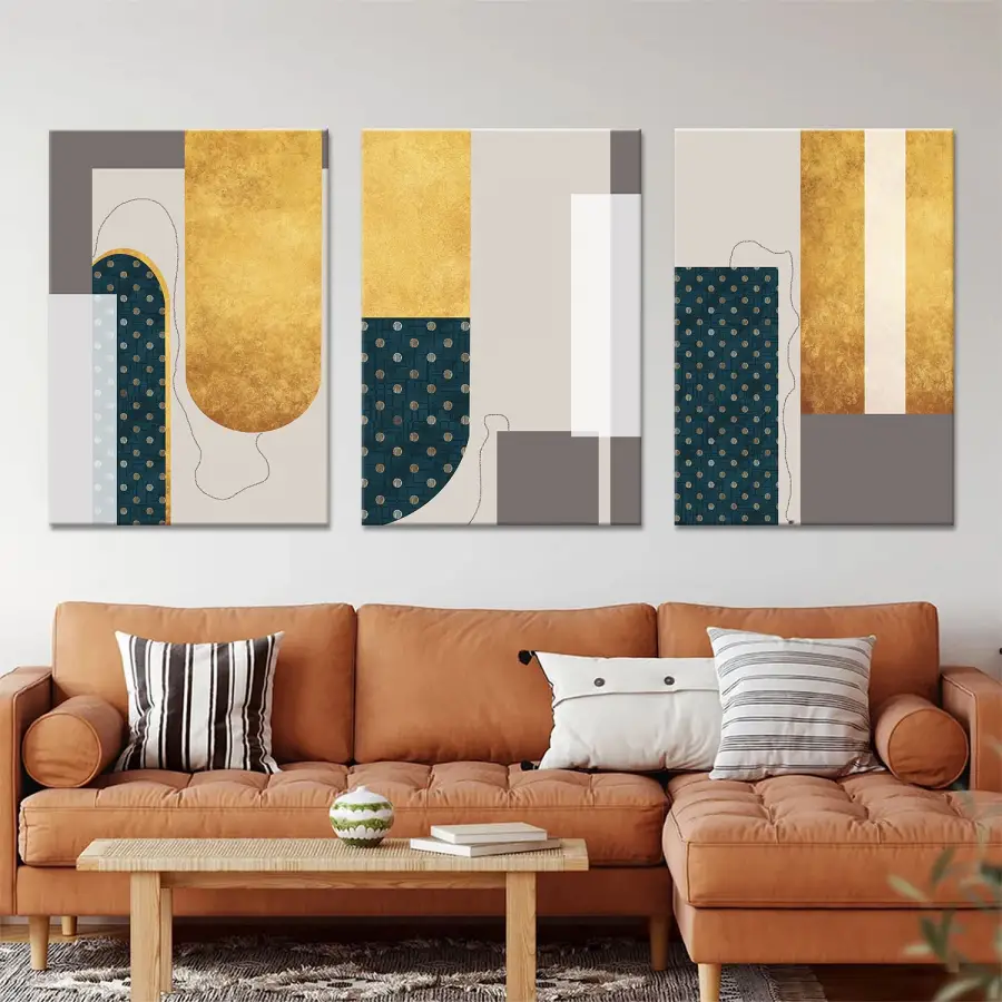 Lacivert ve Gold Detaylı Üçlü Kanvas Tablo Seti