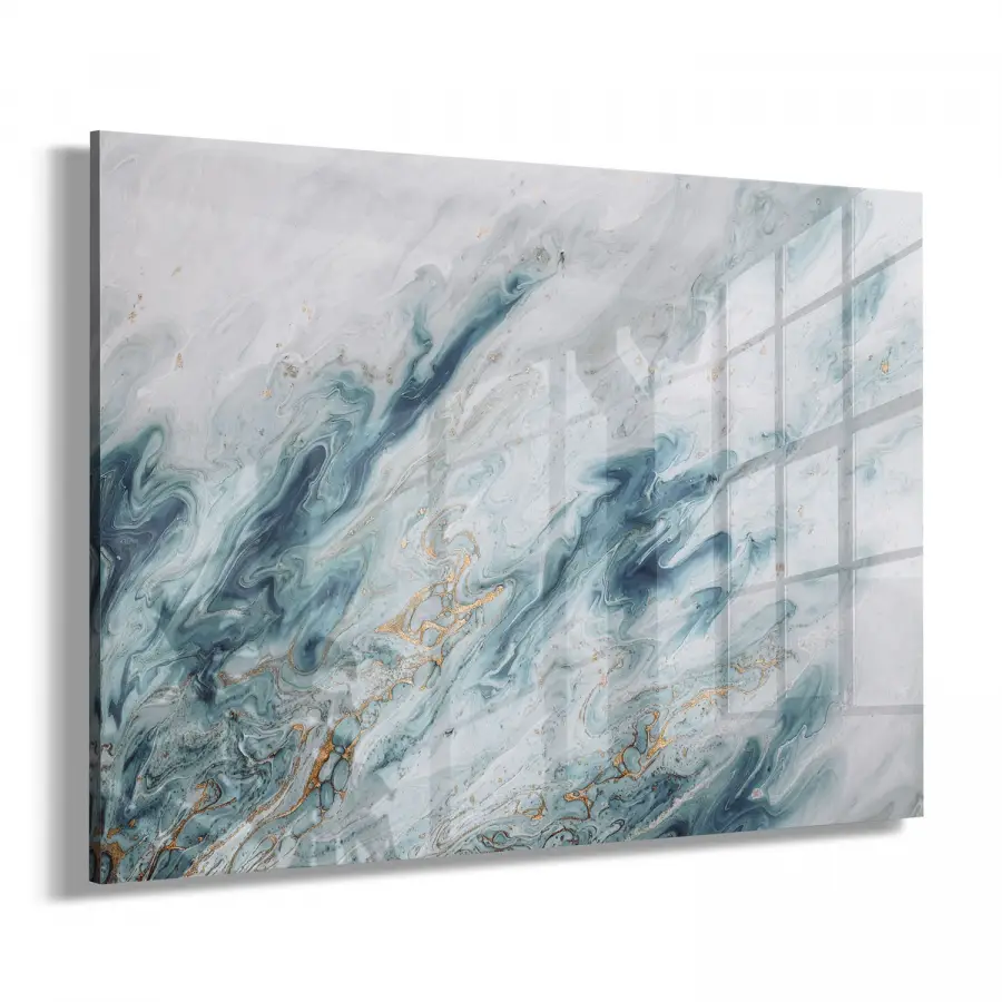 Mavi Beyaz Soyut Desenli Tekli Yatay Cam Tablo