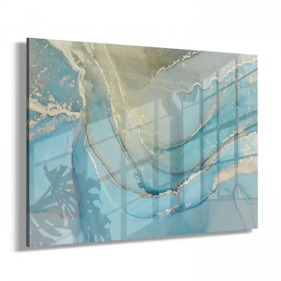 Mavi Sarı Mermer Desenli Tekli Yatay Cam Tablo